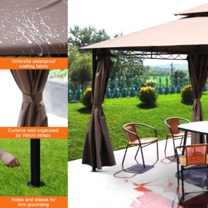 Outdoor Double Roof Hardtop 10' X 10'Gazebo for Patio Grill,Gazebo Large Garden Top Gazebo with Sidewall Party Tent with Curtains & Net（Brown）