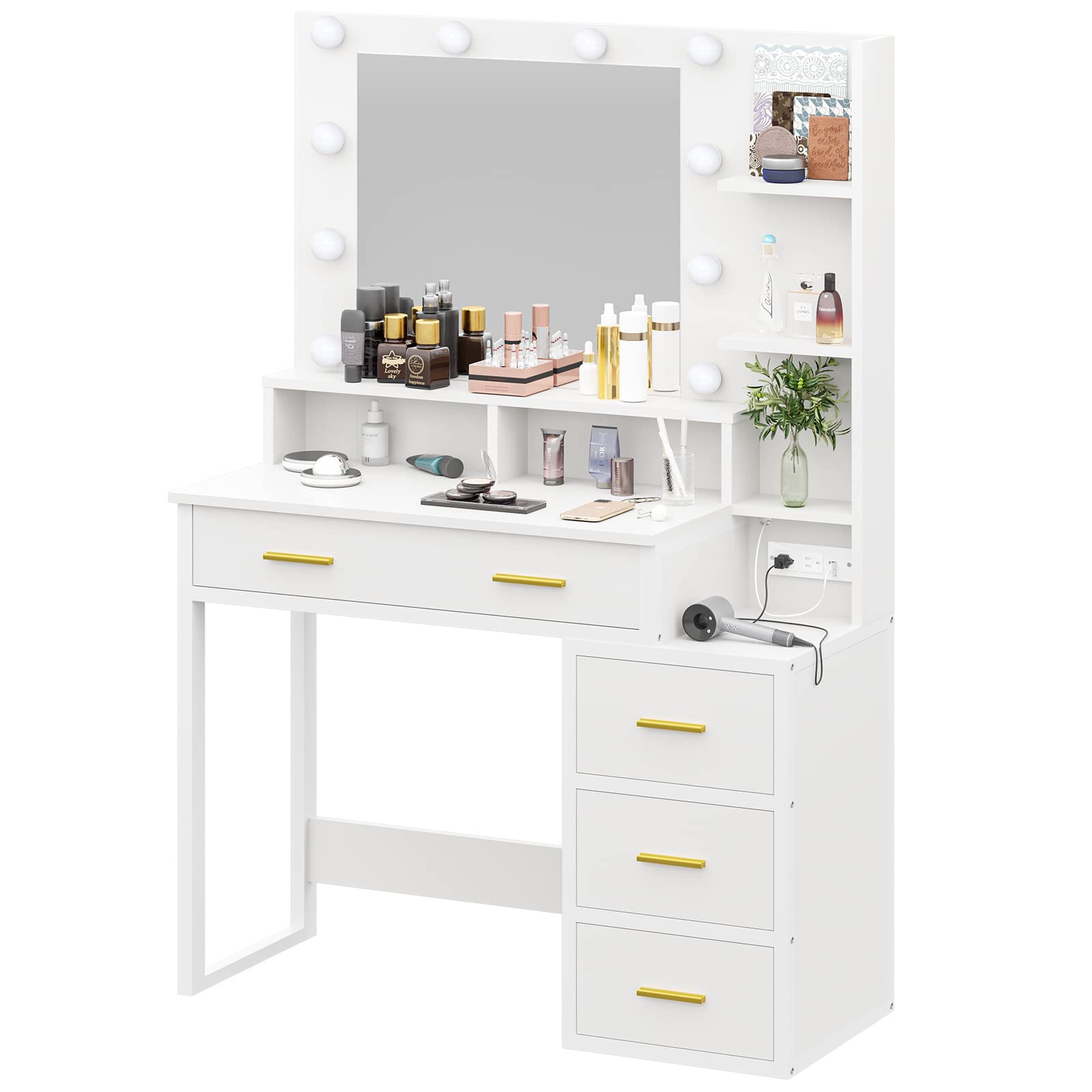 Tiptiper White Makeup Vanity with 10 Light Bulbs, Modern Vanity Desk with Mirror & 3 Lighting Modes, Vanity Table with 2 USB Ports and Outlets, Makeup Desk with Nightstand, Storage Shelves and Drawers