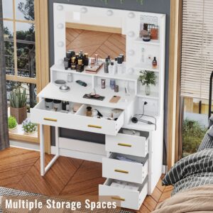 Tiptiper White Makeup Vanity with 10 Light Bulbs, Modern Vanity Desk with Mirror & 3 Lighting Modes, Vanity Table with 2 USB Ports and Outlets, Makeup Desk with Nightstand, Storage Shelves and Drawers