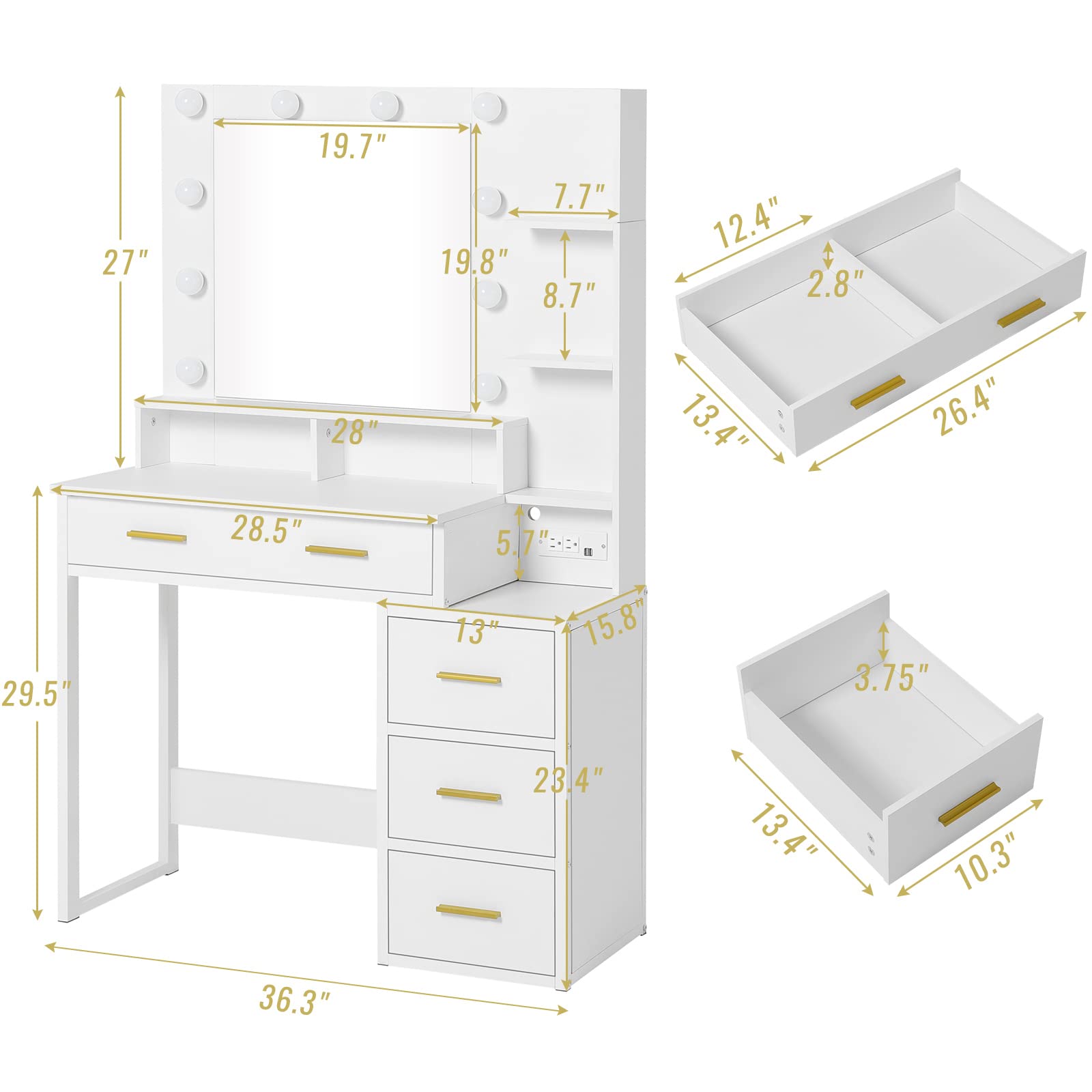 Tiptiper White Makeup Vanity with 10 Light Bulbs, Modern Vanity Desk with Mirror & 3 Lighting Modes, Vanity Table with 2 USB Ports and Outlets, Makeup Desk with Nightstand, Storage Shelves and Drawers