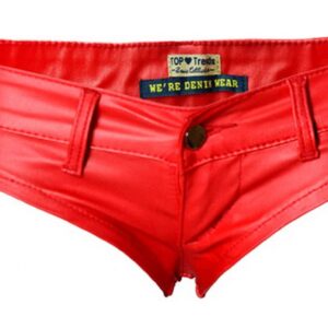 Faringoto Red Girls Low Rise Stretch PU Coated Faux Leather Button Zip Hot Pants