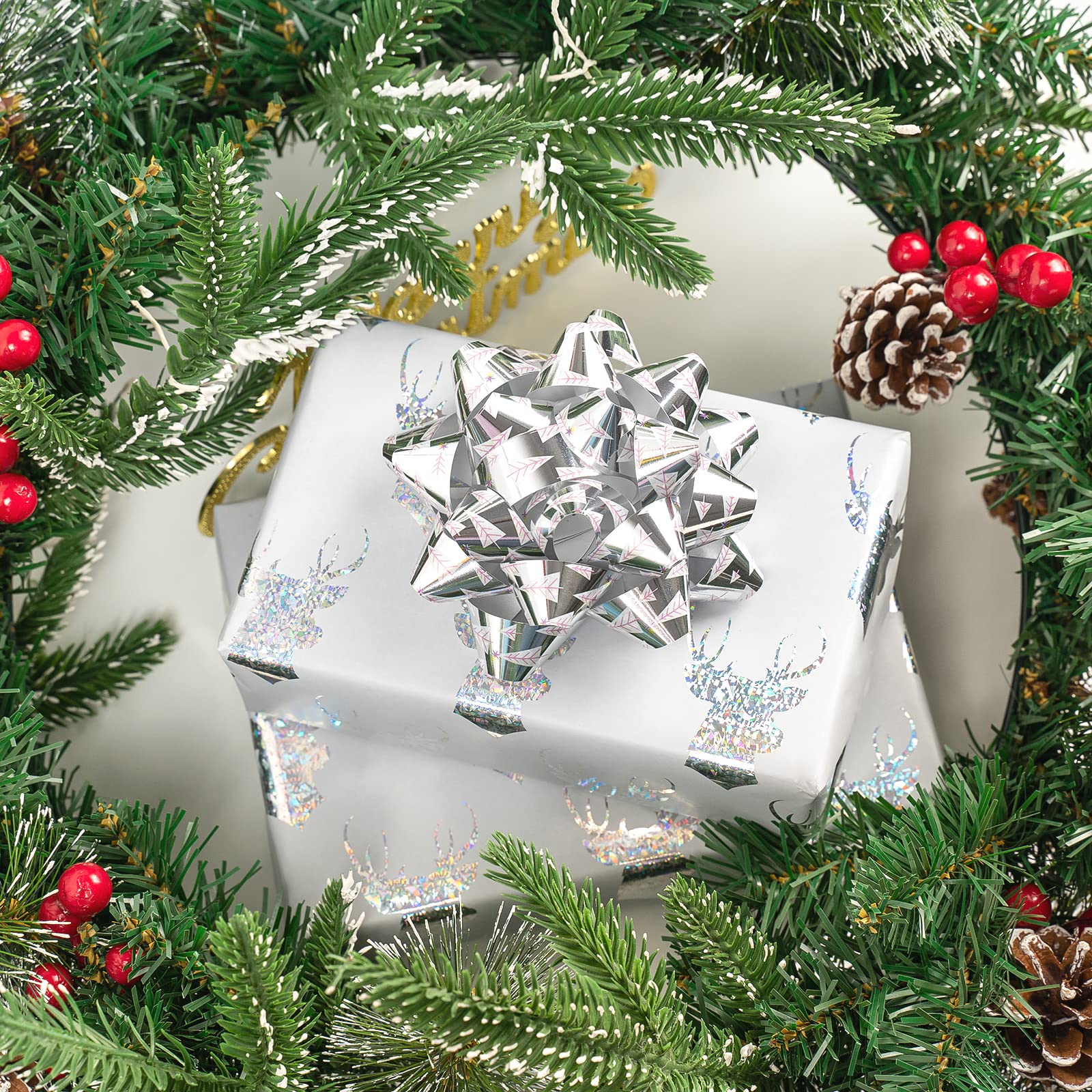 RUSPEPA Christmas Wrapping Paper, Jumbo Roll Wrapping Paper - White Shiney Reindeer Design for Holiday Gift Wrap - 24 Inches x 100 Feet