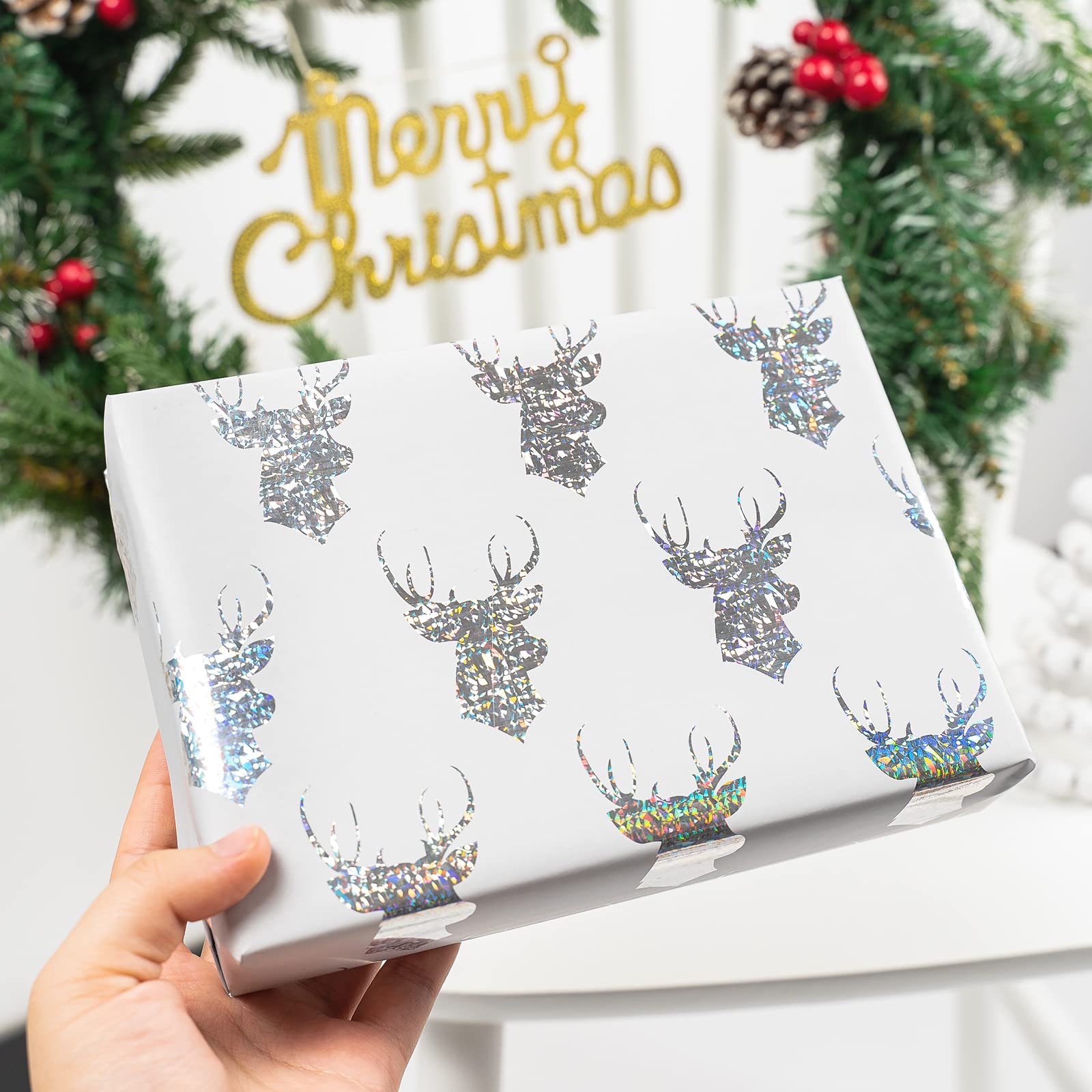 RUSPEPA Christmas Wrapping Paper, Jumbo Roll Wrapping Paper - White Shiney Reindeer Design for Holiday Gift Wrap - 24 Inches x 100 Feet