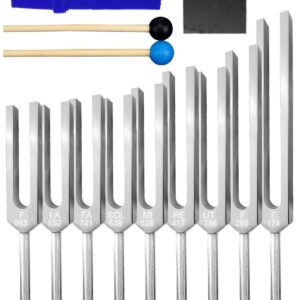 Tuning Fork Set 9 Pcs Tuning Forks with Reflex Hammer for DNA Healing Chakra Sound Therap for Buddhists Yoga Teacher Sound Healer (174 Hz, 285 Hz, 396 Hz, 417 Hz, 528 Hz, 639 Hz etc)