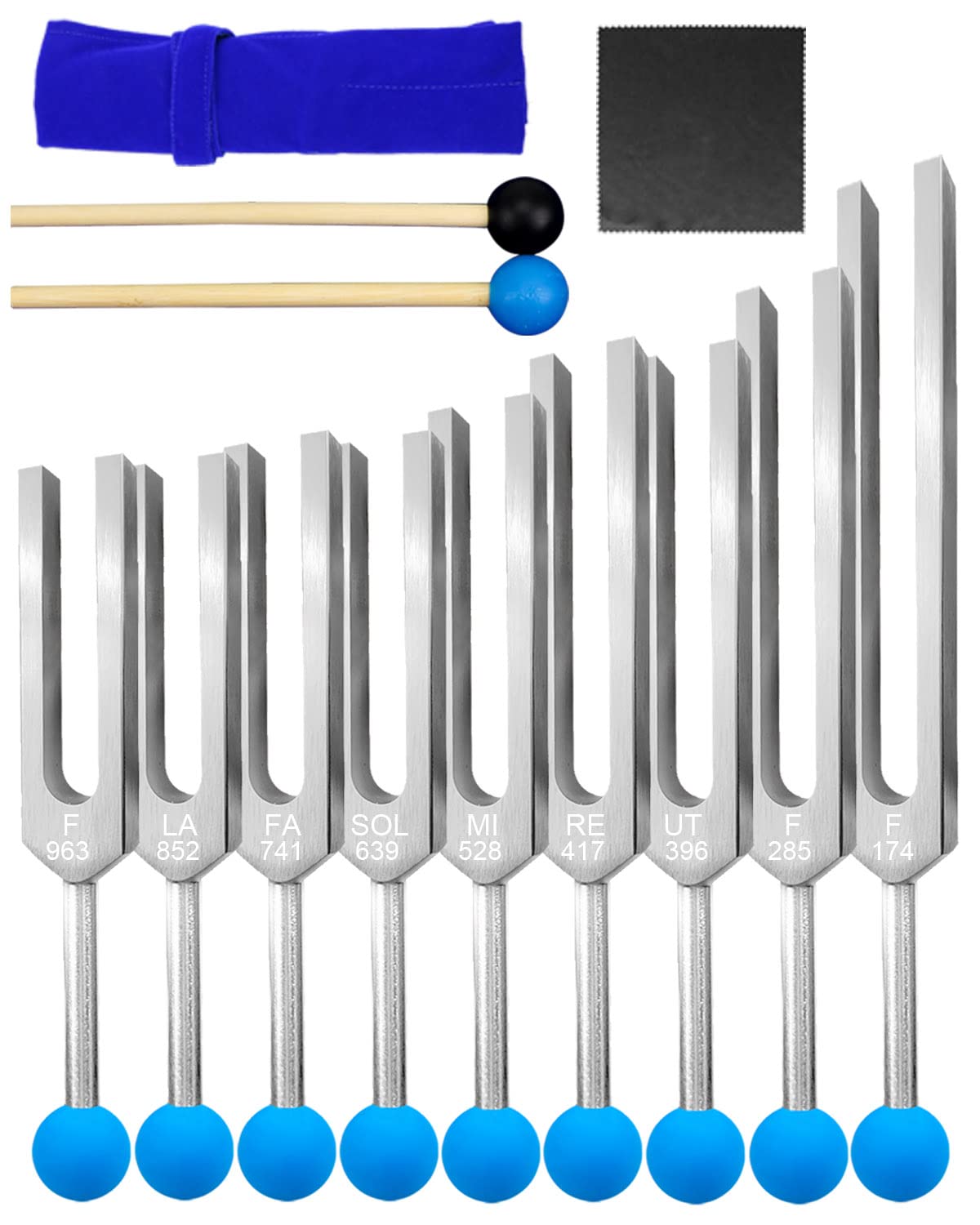 Tuning Fork Set 9 Pcs Tuning Forks with Reflex Hammer for DNA Healing Chakra Sound Therap for Buddhists Yoga Teacher Sound Healer (174 Hz, 285 Hz, 396 Hz, 417 Hz, 528 Hz, 639 Hz etc)