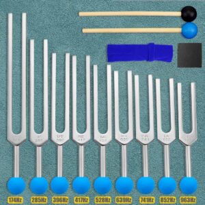 Tuning Fork Set 9 Pcs Tuning Forks with Reflex Hammer for DNA Healing Chakra Sound Therap for Buddhists Yoga Teacher Sound Healer (174 Hz, 285 Hz, 396 Hz, 417 Hz, 528 Hz, 639 Hz etc)