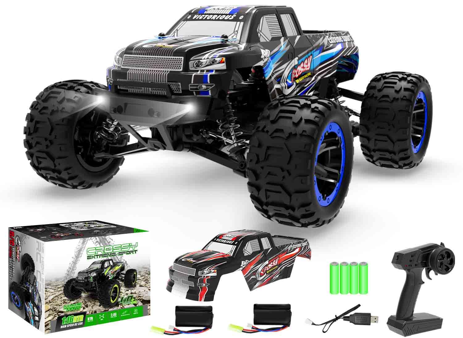 RACENT RC Car, 1:16 Scale All Terrain Monster Truck, 30MPH 4WD Off Road Fast Remote Control Toy 2.4Ghz High Speed Electric Vehicle with 2 Rechargeable Batteries, 40+ Min Play, Gift for Boys Adults