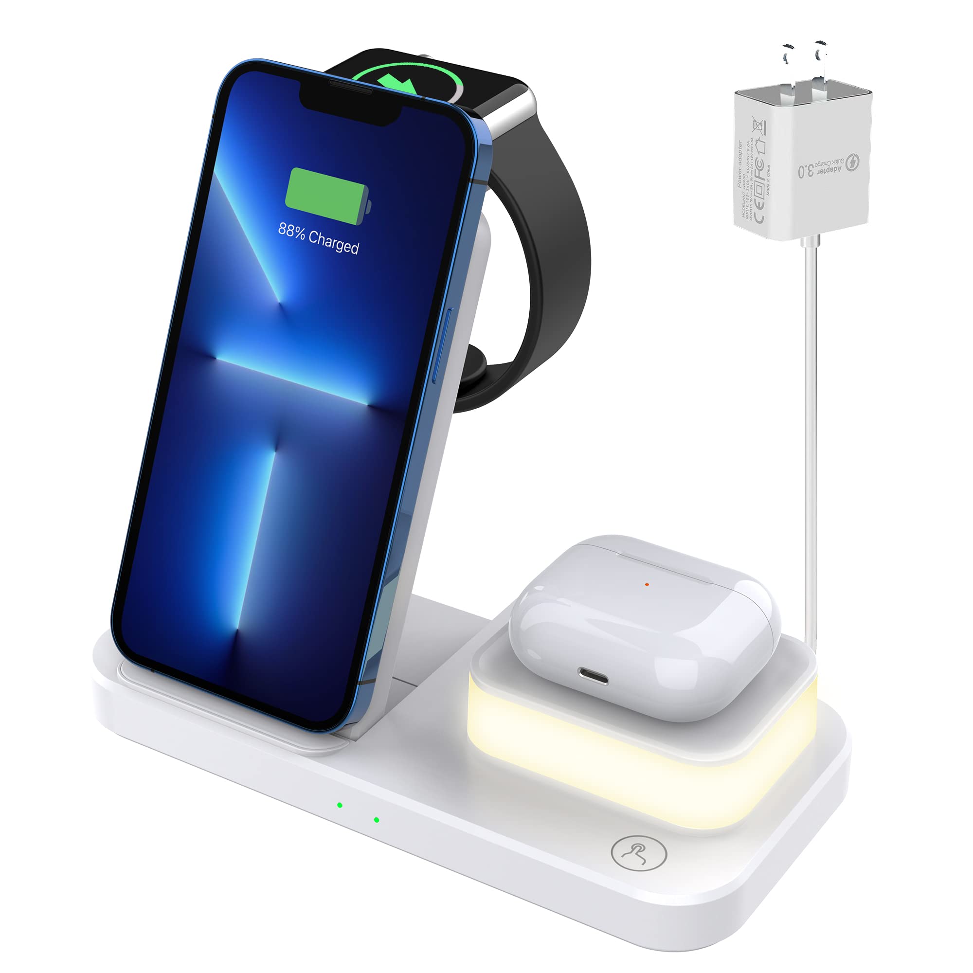 FASLY Wireless Charger for iPhone 14/13/Pro/Mini/Max/12/11/XS/XR/X/8 /Samsung, 3 in 1 Charging Station Dock Stand with Night Light for Apple iwatch 8/Ultra/7/SE/6/5/4/3/2, AirPods 3/2/Pro (White)