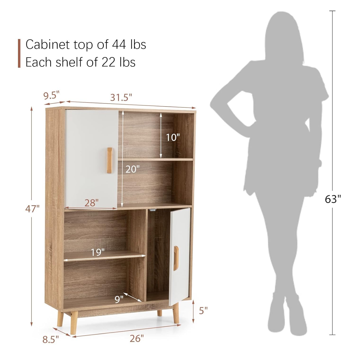 Giantex Storage Cabinet with Legs, Floor Cabinet with Doors, Shelves, Anti-Tipping Device, 4-Tier Bookshelf for Books & Photos, Tall Cupboard in Bedroom, Living Room, Kitchen Buffet Sideboard (White)