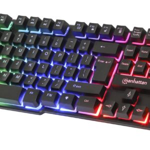 MANHATTAN Wired Membrane Gaming Keyboard – with Backlit RGB LED, USB-A Connection, Quiet Keystrokes, 12 Multimedia Function Keys - for Computer, PC, Desktop, Gamer – 3 Yr Mfg Warranty - 180603