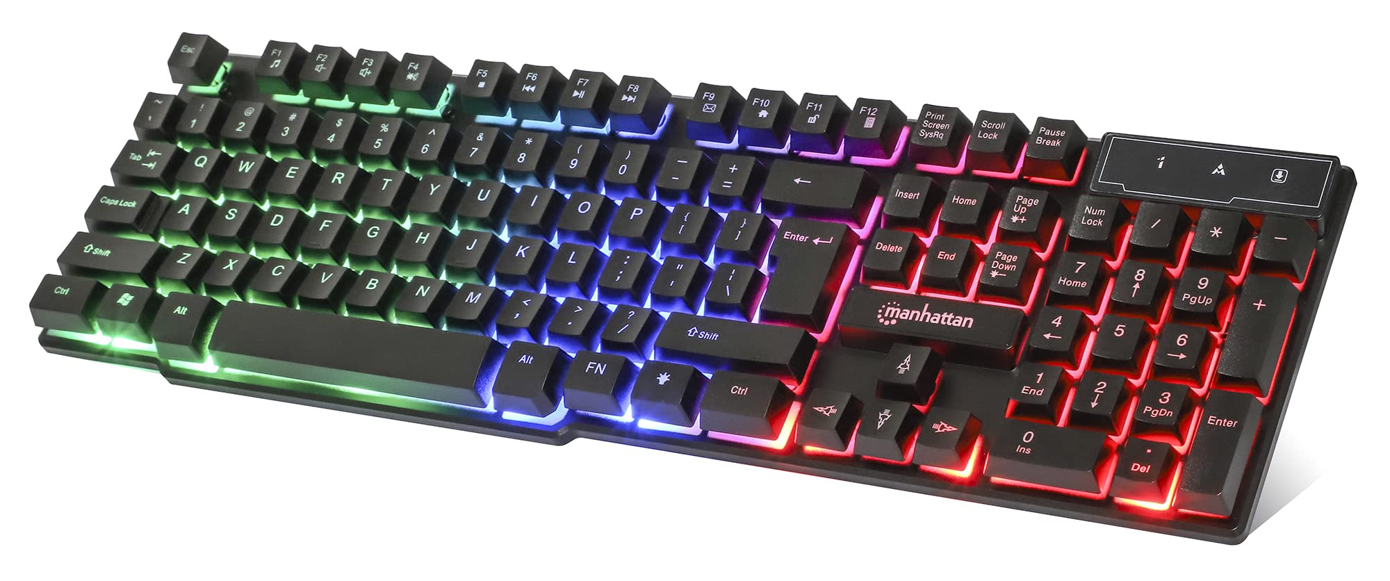 MANHATTAN Wired Membrane Gaming Keyboard – with Backlit RGB LED, USB-A Connection, Quiet Keystrokes, 12 Multimedia Function Keys - for Computer, PC, Desktop, Gamer – 3 Yr Mfg Warranty - 180603