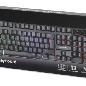 MANHATTAN Wired Membrane Gaming Keyboard – with Backlit RGB LED, USB-A Connection, Quiet Keystrokes, 12 Multimedia Function Keys - for Computer, PC, Desktop, Gamer – 3 Yr Mfg Warranty - 180603