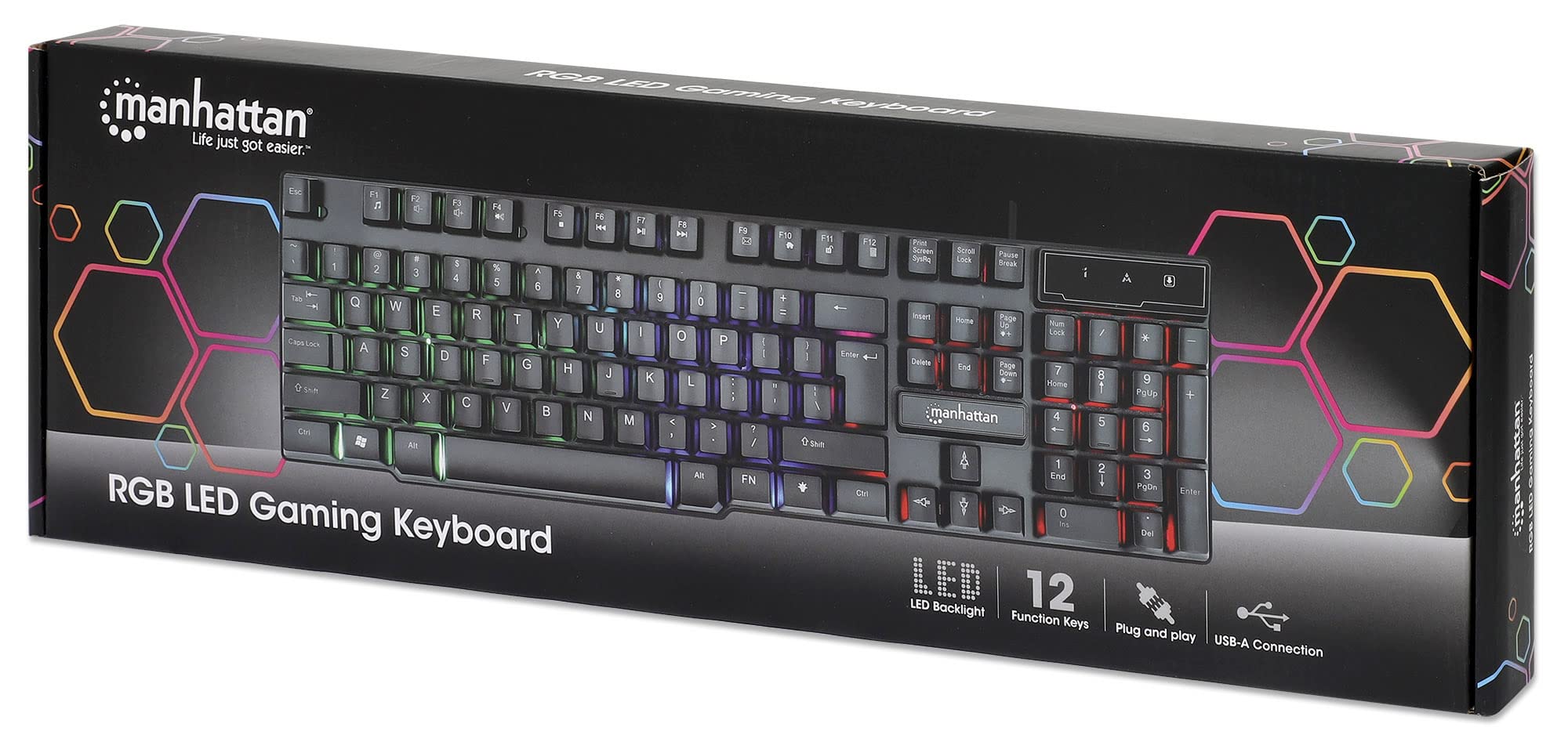 MANHATTAN Wired Membrane Gaming Keyboard – with Backlit RGB LED, USB-A Connection, Quiet Keystrokes, 12 Multimedia Function Keys - for Computer, PC, Desktop, Gamer – 3 Yr Mfg Warranty - 180603