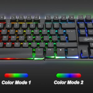 MANHATTAN Wired Membrane Gaming Keyboard – with Backlit RGB LED, USB-A Connection, Quiet Keystrokes, 12 Multimedia Function Keys - for Computer, PC, Desktop, Gamer – 3 Yr Mfg Warranty - 180603