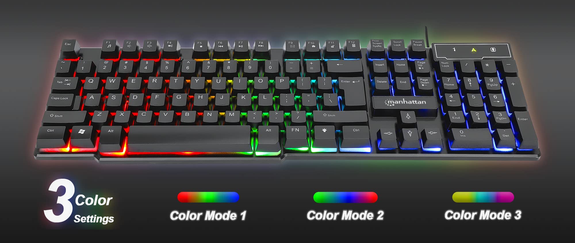 MANHATTAN Wired Membrane Gaming Keyboard – with Backlit RGB LED, USB-A Connection, Quiet Keystrokes, 12 Multimedia Function Keys - for Computer, PC, Desktop, Gamer – 3 Yr Mfg Warranty - 180603