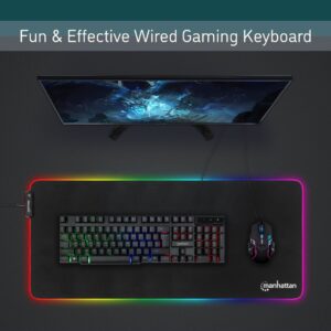 MANHATTAN Wired Membrane Gaming Keyboard – with Backlit RGB LED, USB-A Connection, Quiet Keystrokes, 12 Multimedia Function Keys - for Computer, PC, Desktop, Gamer – 3 Yr Mfg Warranty - 180603