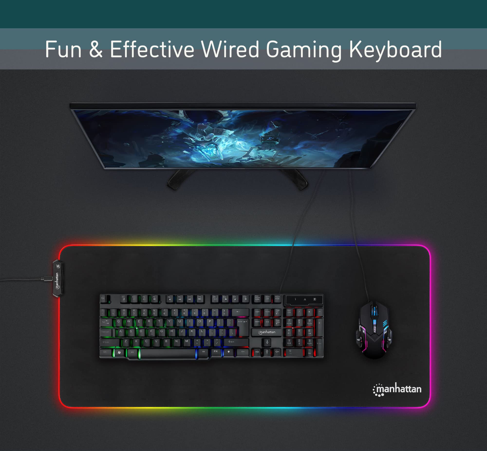 MANHATTAN Wired Membrane Gaming Keyboard – with Backlit RGB LED, USB-A Connection, Quiet Keystrokes, 12 Multimedia Function Keys - for Computer, PC, Desktop, Gamer – 3 Yr Mfg Warranty - 180603