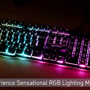 MANHATTAN Wired Membrane Gaming Keyboard – with Backlit RGB LED, USB-A Connection, Quiet Keystrokes, 12 Multimedia Function Keys - for Computer, PC, Desktop, Gamer – 3 Yr Mfg Warranty - 180603