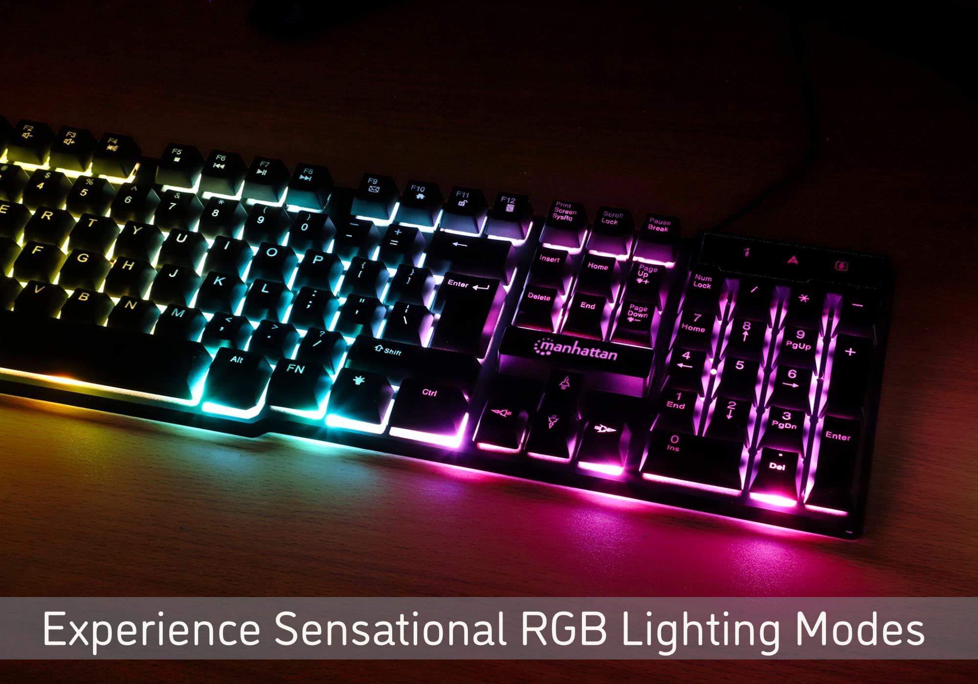 MANHATTAN Wired Membrane Gaming Keyboard – with Backlit RGB LED, USB-A Connection, Quiet Keystrokes, 12 Multimedia Function Keys - for Computer, PC, Desktop, Gamer – 3 Yr Mfg Warranty - 180603