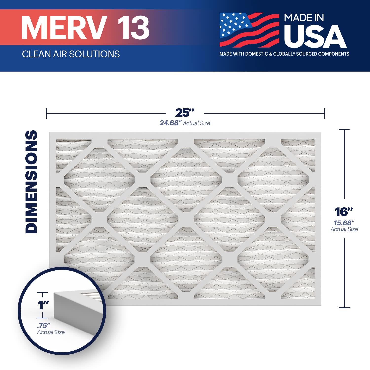 BNX TruFilter 16x25x1 Air Filter MERV 13 (6-Pack) - MADE IN USA - Electrostatic Pleated Air Conditioner HVAC AC Furnace Filters for Allergies, Pollen, Mold, Bacteria, Smoke, Allergen, MPR 1900 FPR 10