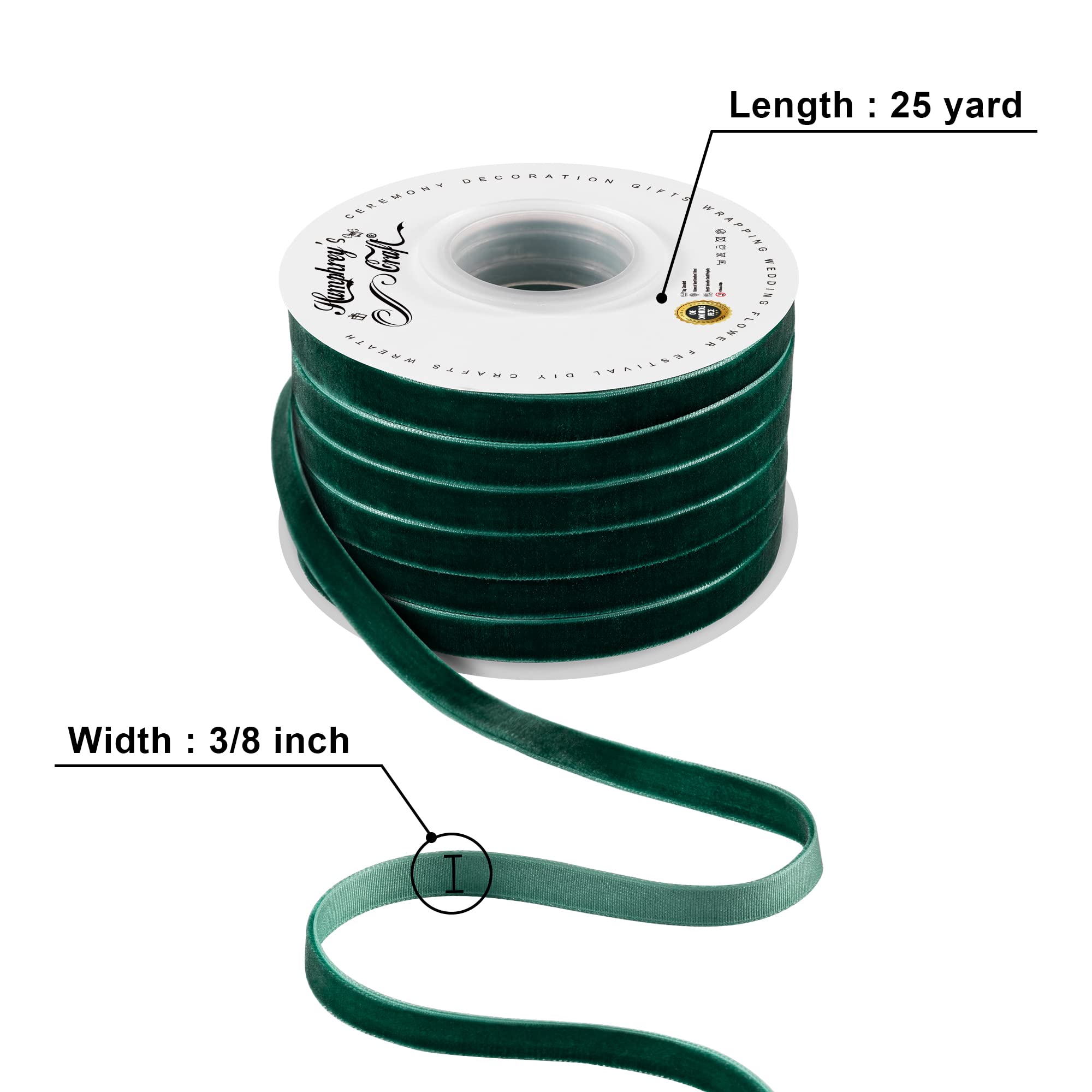 Humphrey's Craft 3/8 Inch Wide Green Velvet Ribbons Spool Good for Sewing, Gifts Wrapping, Jewelry Making, Christmas Crafting Projects 25 Yards.