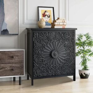 sophia & william 2-door accent cabinet, distressed storage cabinet with 2 carved doors and wooden frame for entryway, living room, black
