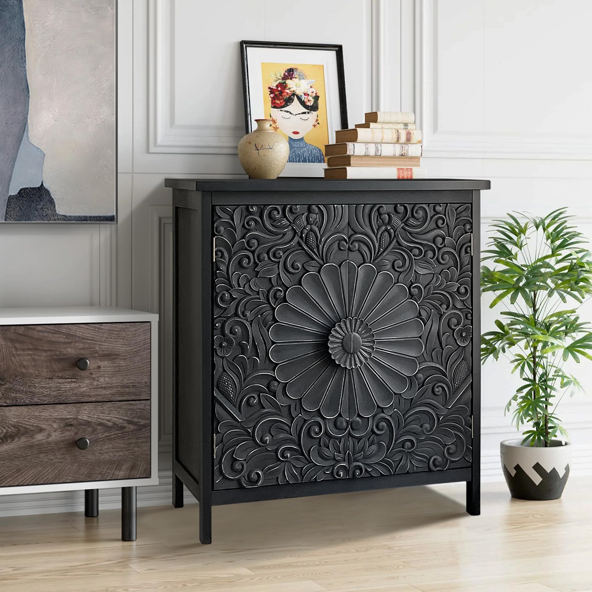 Sophia & William 2-Door Accent Cabinet, Distressed Storage Cabinet with 2 Carved Doors and Wooden Frame for Entryway, Living Room, Black