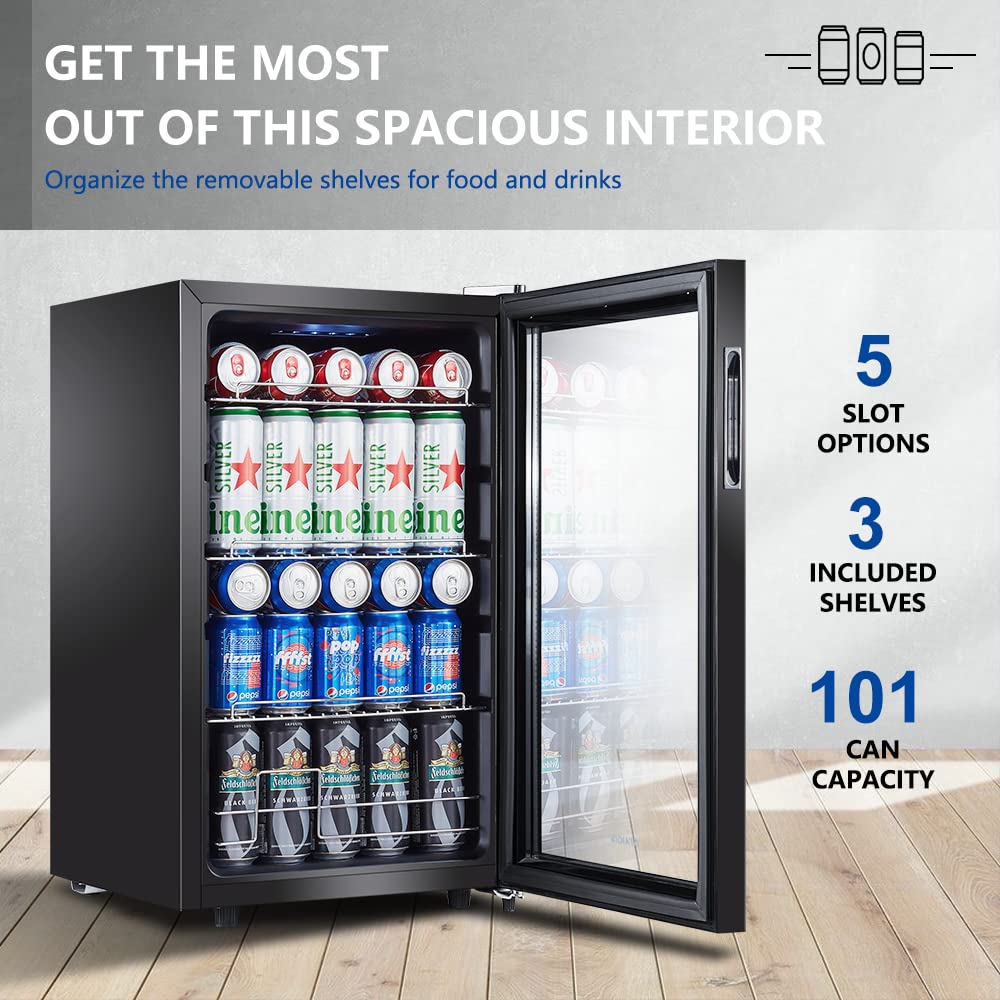 STAIGIS Mini Beverage Refrigerator Freestanding, 2.5 Cu.ft Mini Fridge w/ 101 Can Capacity, Small Drink Fridge for Home & Office, Glass Door