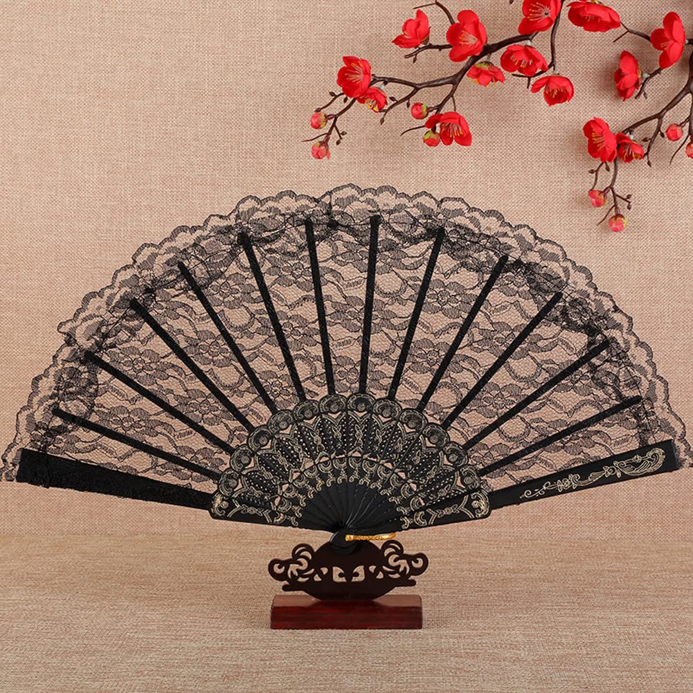 Teensery 2 Pcs Vintage Folding Fans Black Lace Handheld Fans Folding Hand Fans for Women and Girls