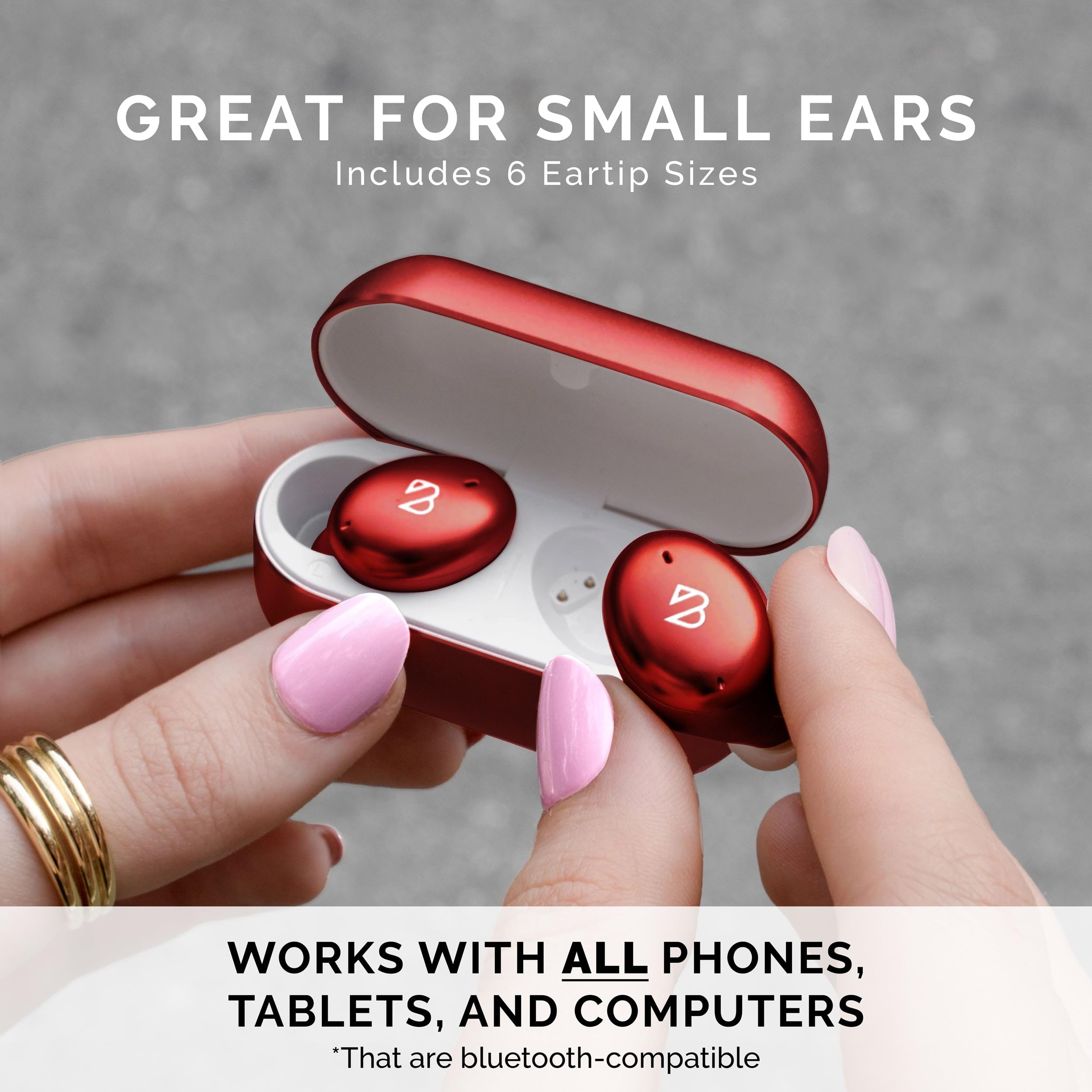 Back Bay Audio Tempo 30 Wireless Earbuds for Small Ears with Premium Sound, Comfortable Bluetooth Ear Buds for Women and Men, Red Earphones for Small Ear Canals