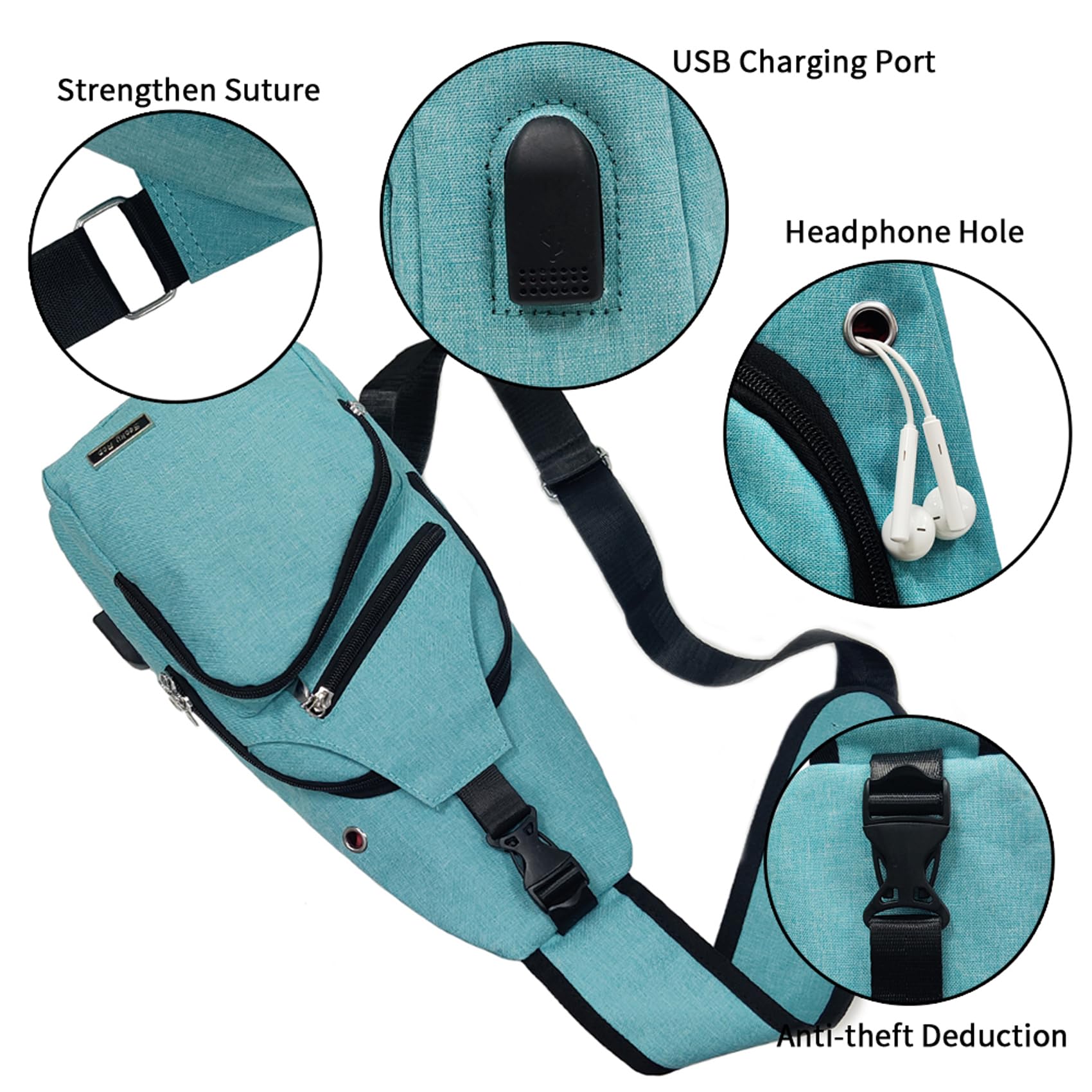 Seoky Rop Men Women Sling Backpack Crossbody Shoulder Chest Bag with USB Charging Port for Travel Hiking Mint Green