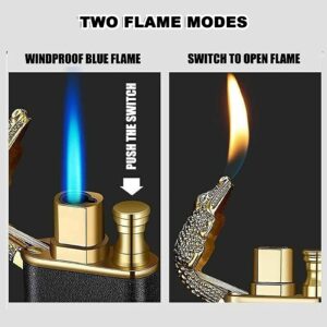 GDDFZ Ruinidi Magic Double Flame Lighter Luminous Cigar Torch Lighters Wind-Proof and Waterproof Unusual Creative Metal Gift for Men (Dragon Shape, Black)