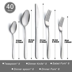 APEO 40 Piece Stainless Steel Silverware Set for 8, Premium Polished Flatware Sets, Forks Spoons and Knives Set, Food-Grade Cutlery Set for Home Kitchen Restaurant Hotel, Dishwasher Safe Utensils Set