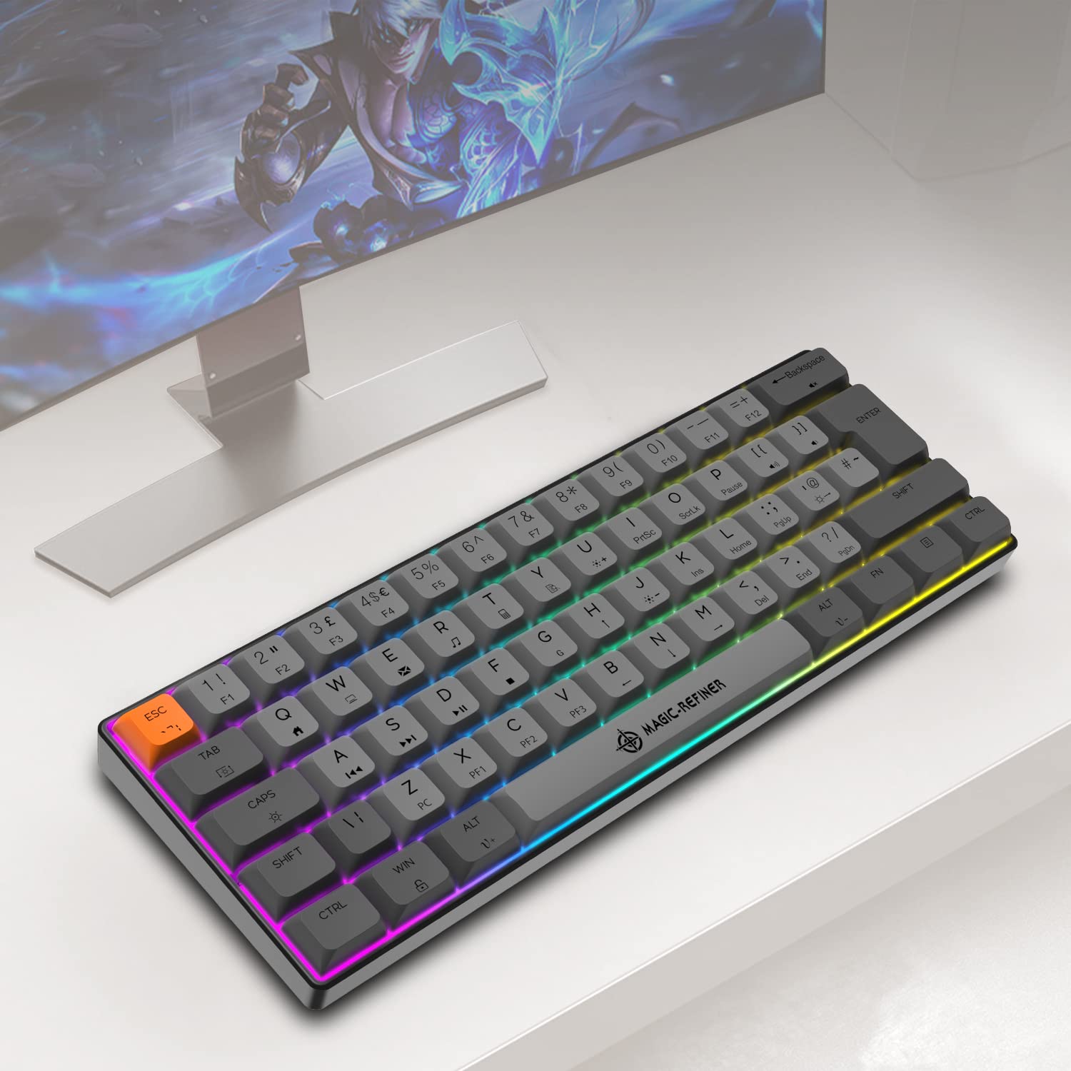 Small Mechanical Gaming Keyboard Type-c Wired with PBT Dye-subbed Keycaps Rainbow RGB Backlit 60% Layout Full Anti-Ghosting 62 Key Ergonomic for Typist Laptop PC Mac Gamer (Gray/Brown Switch)