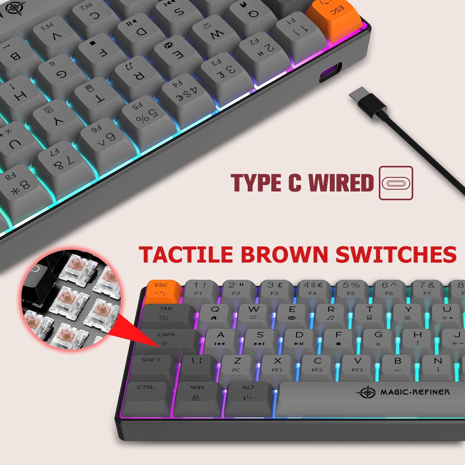 Small Mechanical Gaming Keyboard Type-c Wired with PBT Dye-subbed Keycaps Rainbow RGB Backlit 60% Layout Full Anti-Ghosting 62 Key Ergonomic for Typist Laptop PC Mac Gamer (Gray/Brown Switch)