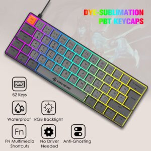 Small Mechanical Gaming Keyboard Type-c Wired with PBT Dye-subbed Keycaps Rainbow RGB Backlit 60% Layout Full Anti-Ghosting 62 Key Ergonomic for Typist Laptop PC Mac Gamer (Gray/Brown Switch)