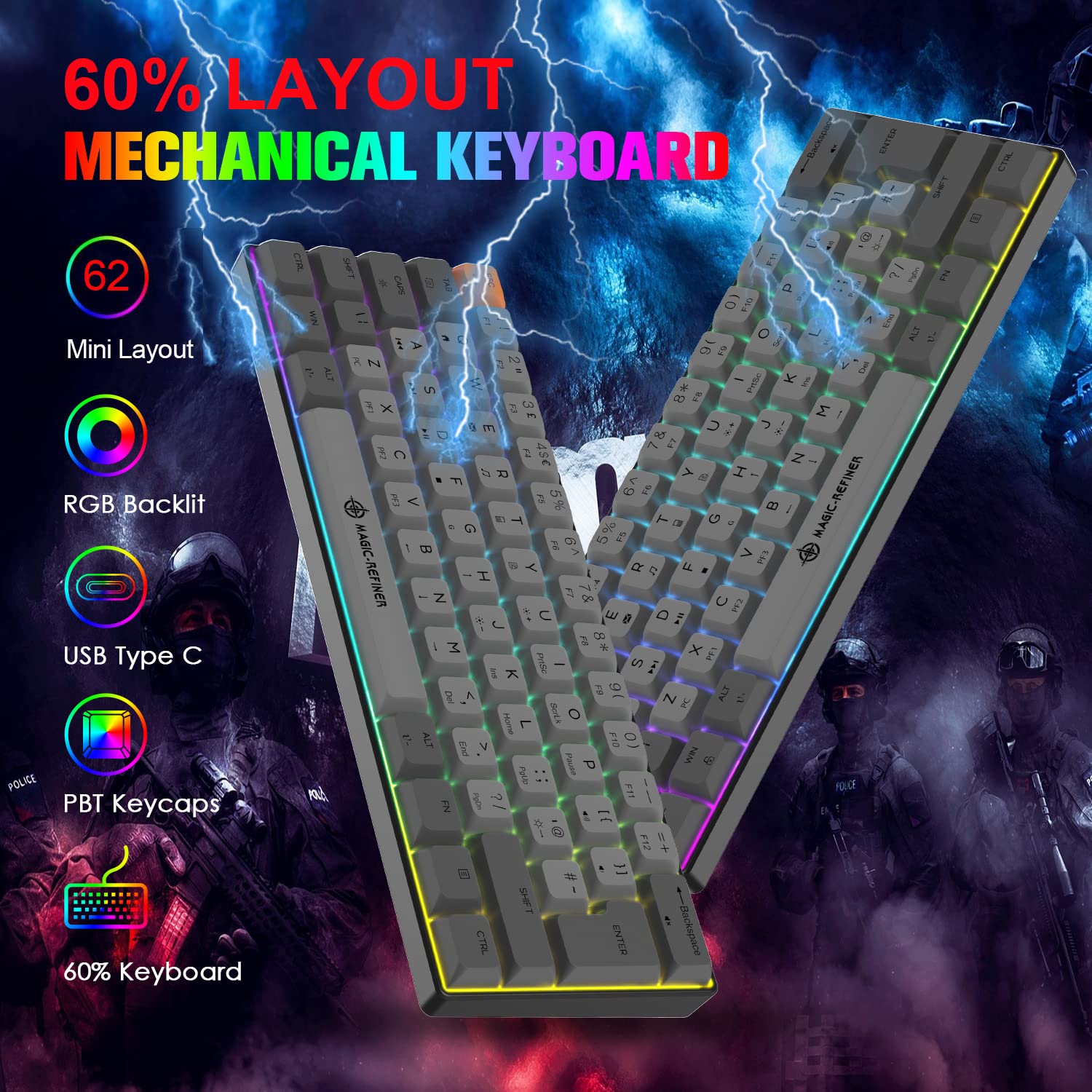 Small Mechanical Gaming Keyboard Type-c Wired with PBT Dye-subbed Keycaps Rainbow RGB Backlit 60% Layout Full Anti-Ghosting 62 Key Ergonomic for Typist Laptop PC Mac Gamer (Gray/Brown Switch)