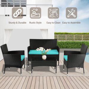 FDW Rattan Furniture Wicker Chair Patio Conversation Set for Outdoor Indoor Use with Loveseats Coffee Table,Blue Cushion, 4-Piece