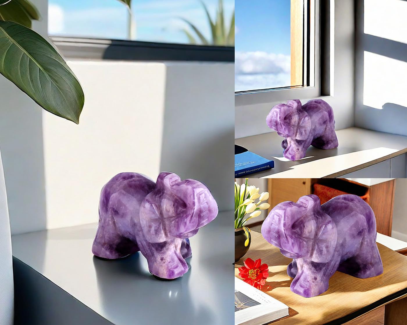 QINJIEJIE Amethyst Elephant Decor Statue Crystals Decor Healing Stones Crystal Purple Pocket Figurines Cute Hand Carved Sculpture Gemstones Spiritual Home Office Desk Decorations Gifts for Women Men