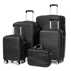 leaves king luggage 5 piece sets, hard shell luggage set expandable carry on luggage suitcase with spinner wheels durable lightweight travel set for men women(14/18/20/24/28, black)