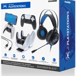 dreamGEAR Gamers Kit for PlayStation 5: Gaming Headset with 50mm Drivers, PS5 Controller charger, Adjustable Phone Mount, USB-C Cable, Protective Cover and Caps