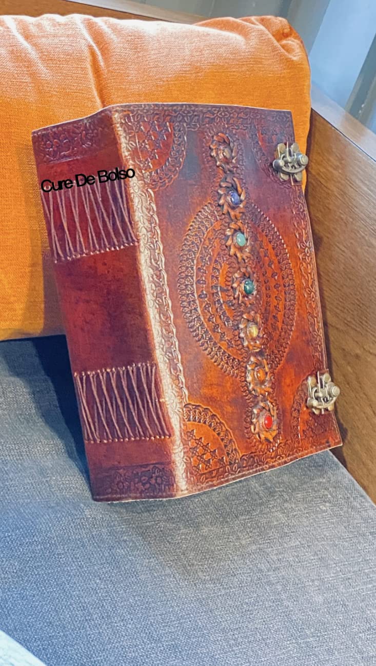 Cure De Bolso 560 Pages Large Leather Journal - Seven Chakra Diary Notebook With Stones Book Of Shadows Sketchbook Handmade Writing Notebook-7X10 Inches, Brown