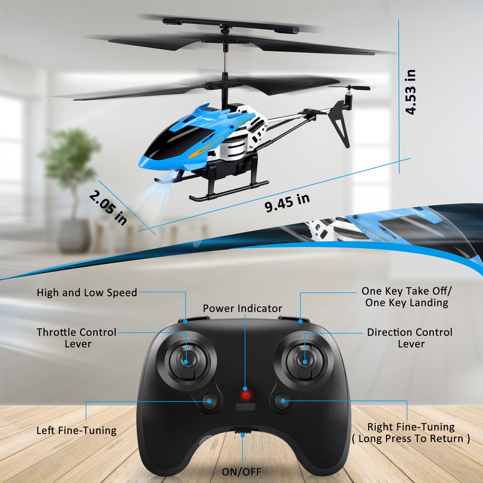 Dolanus RC Helicopters - Remote Control Helicopter Toys: One Key Take-Off/Landing, Automatic Altitude Hold, LED Light & 3.5 Channel Gyro Stabilizer, Flying Toys - Gift for Boys/Girls Kids Adults, Blue