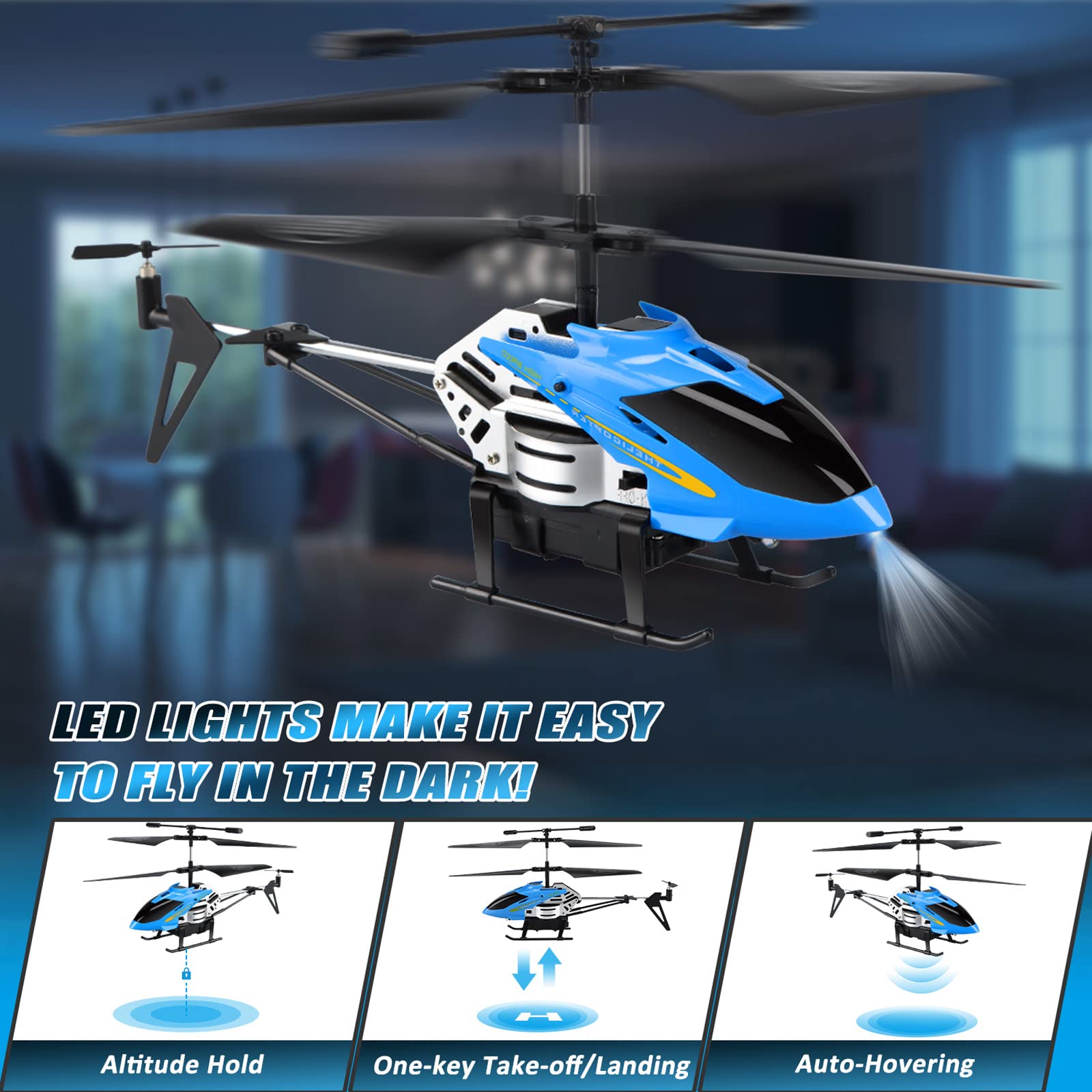 Dolanus RC Helicopters - Remote Control Helicopter Toys: One Key Take-Off/Landing, Automatic Altitude Hold, LED Light & 3.5 Channel Gyro Stabilizer, Flying Toys - Gift for Boys/Girls Kids Adults, Blue