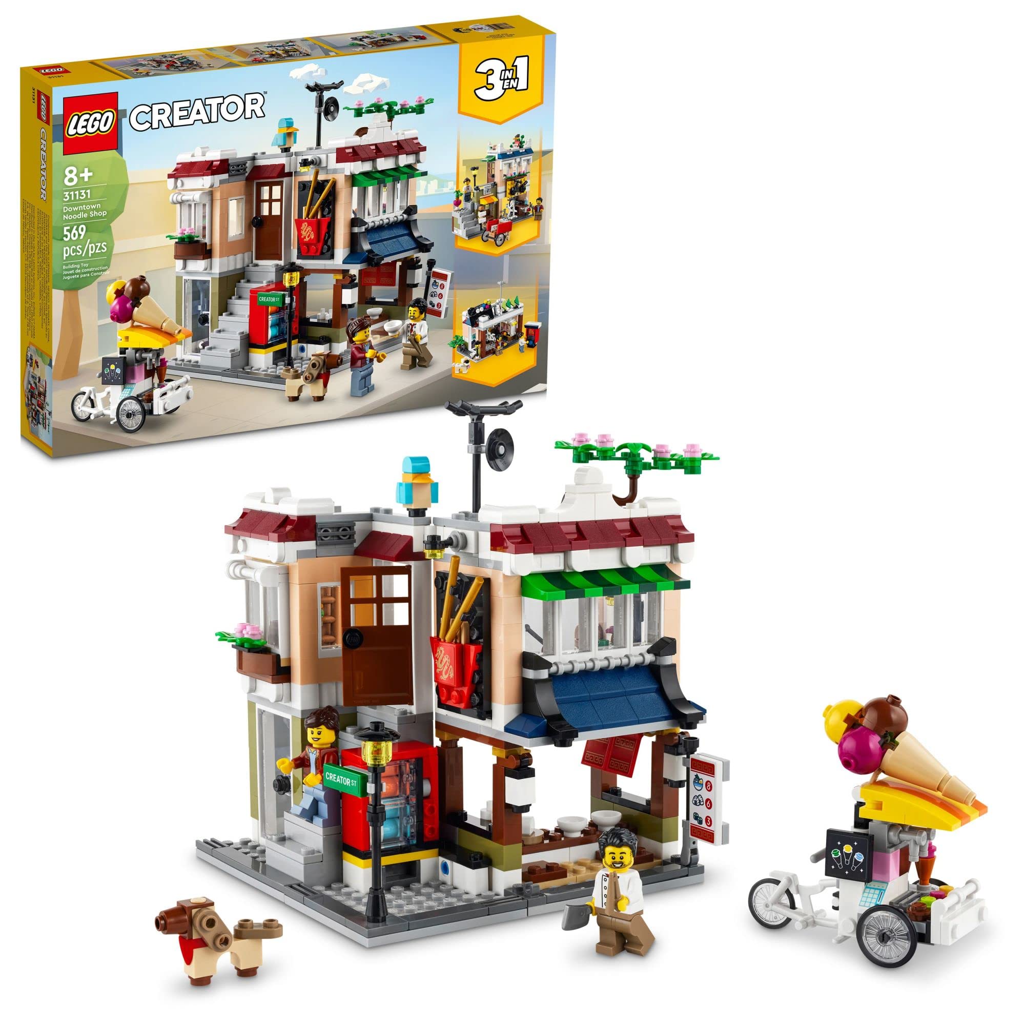 LEGO Creator 3 in 1 Downtown Noodle Shop House, Transforms from Noodle Shop to Bike Shop to Arcade, Modular Building Set, Toy Gift for Kids 8 Years and Up, 31131