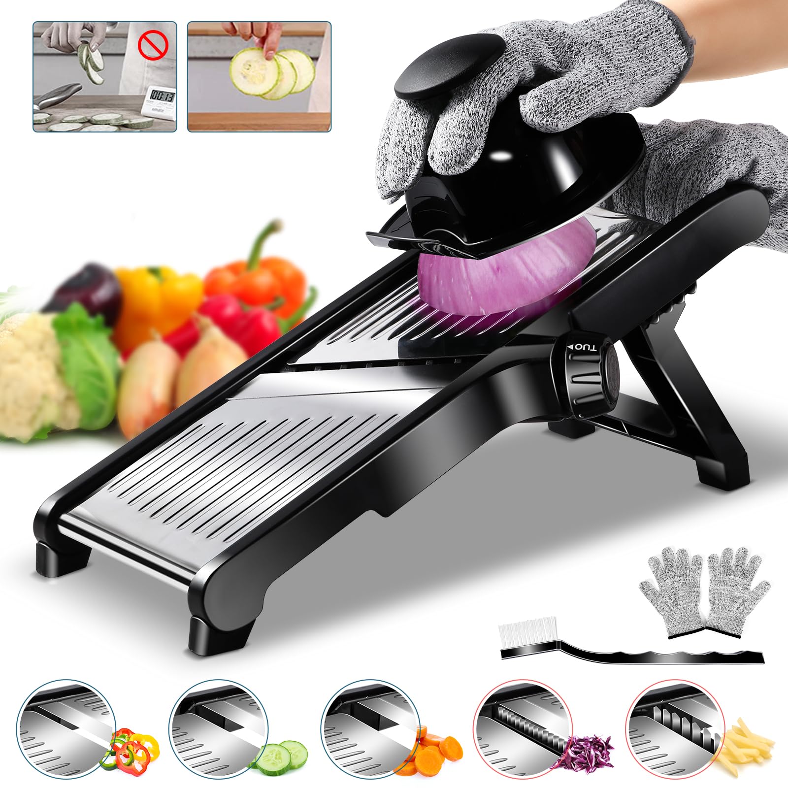 Mandoline Food Slicer for Kitchen, Vegetable Slicer Fruit Cutter, Adjustable Stainless Steel for Potato Tomato Onion Cheese French Fry Chopper Julienne Slicer with Cut Resistant Gloves