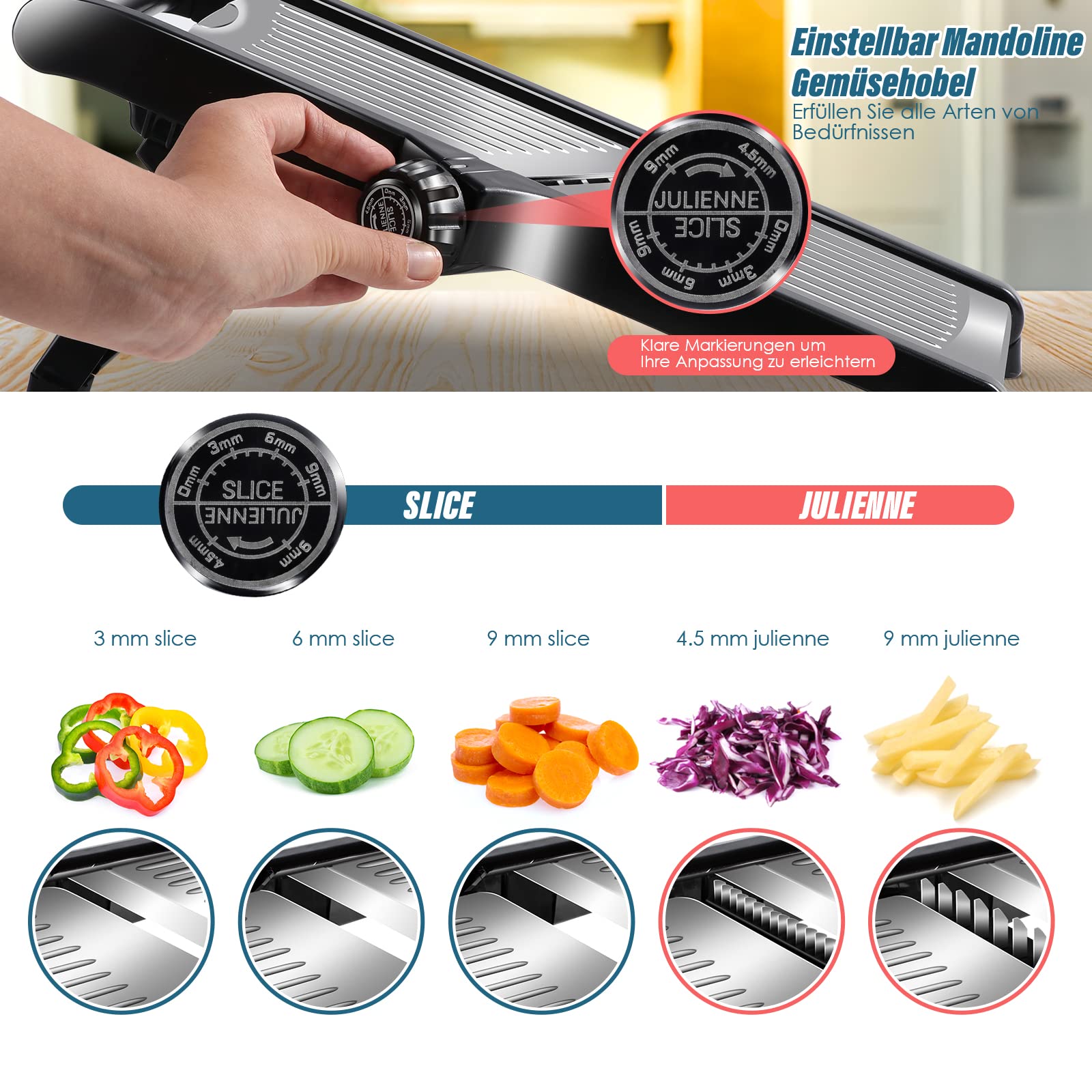 Mandoline Food Slicer for Kitchen, Vegetable Slicer Fruit Cutter, Adjustable Stainless Steel for Potato Tomato Onion Cheese French Fry Chopper Julienne Slicer with Cut Resistant Gloves