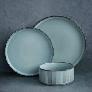 famiware star dinnerware sets, plates and bowls set for 4, 12 piece dish set, smoky blue