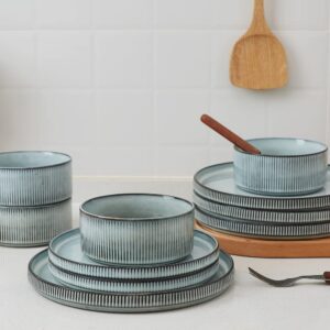 Famiware Star Dinnerware Sets, Plates and Bowls Set For 4, 12 Piece Dish Set, Smoky Blue