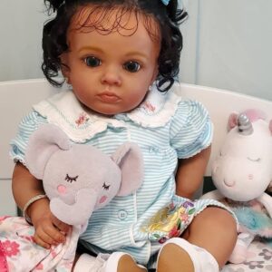 KOKOMANDY Reborn Baby Dolls Black Girl 24 Inch Dark Brown Soft Silicone Realistic Toddler Baby Dolls Weighted Cloth Body Biracial African American Newborn Baby Doll Handmade Toy for Kids